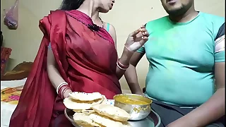 Waggish time Indian kermis holi celebrate with neaughbour wife